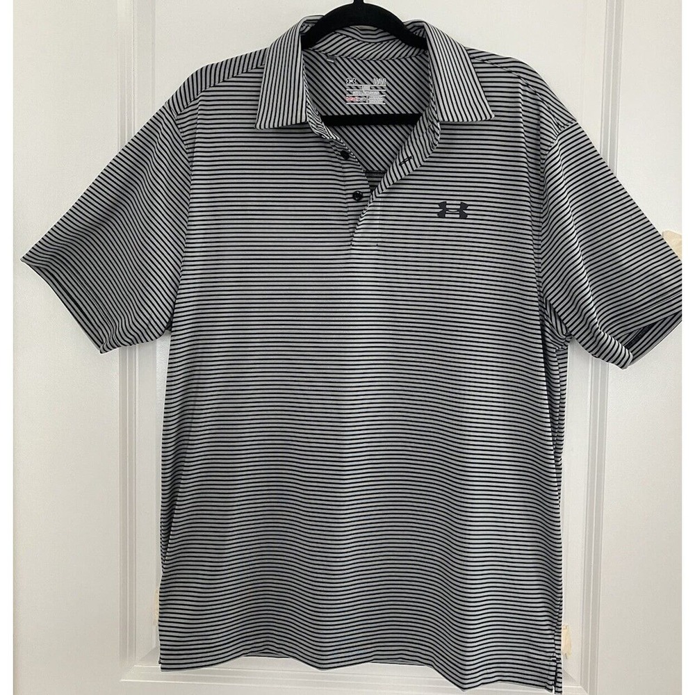 Under Armor Men's Loose Heat Gear Polo Golf Shirt Gray Black Striped Size Large